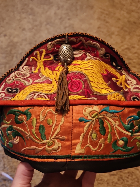 None Other - Miao Child Chinese Embroidered Hat with Tassel - Orange & Red